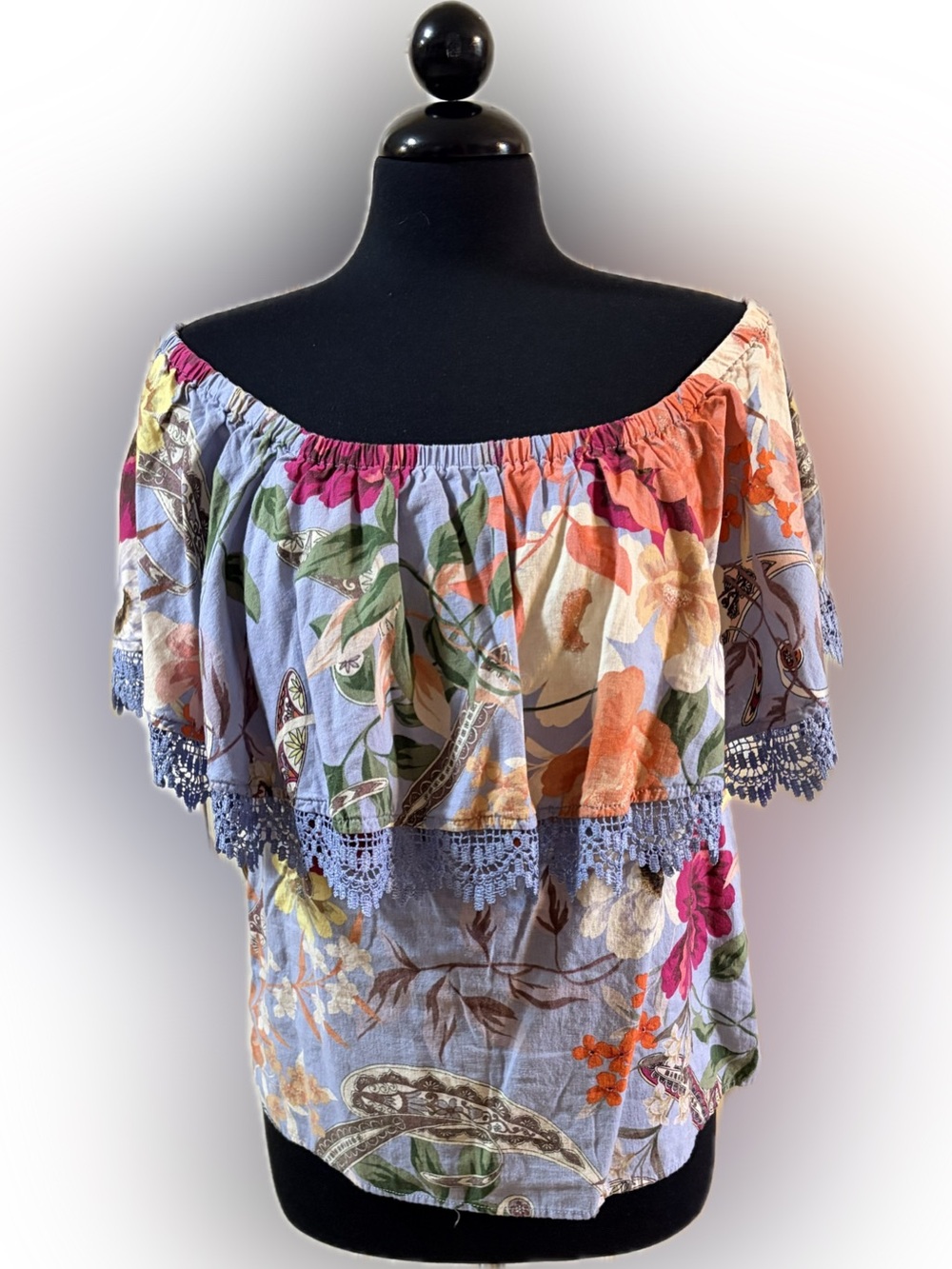 Cupio Lavender Floral Off-Shoulder Tunic with Lace Trim